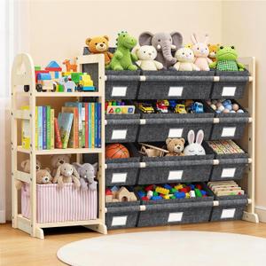 Toy Storage Organizer with 3 Shelves and 12 Bins, Bookshelf/Bookcase, Kids Bin Shelf, Toys Box for Playroom Organization for Bedroom & Room