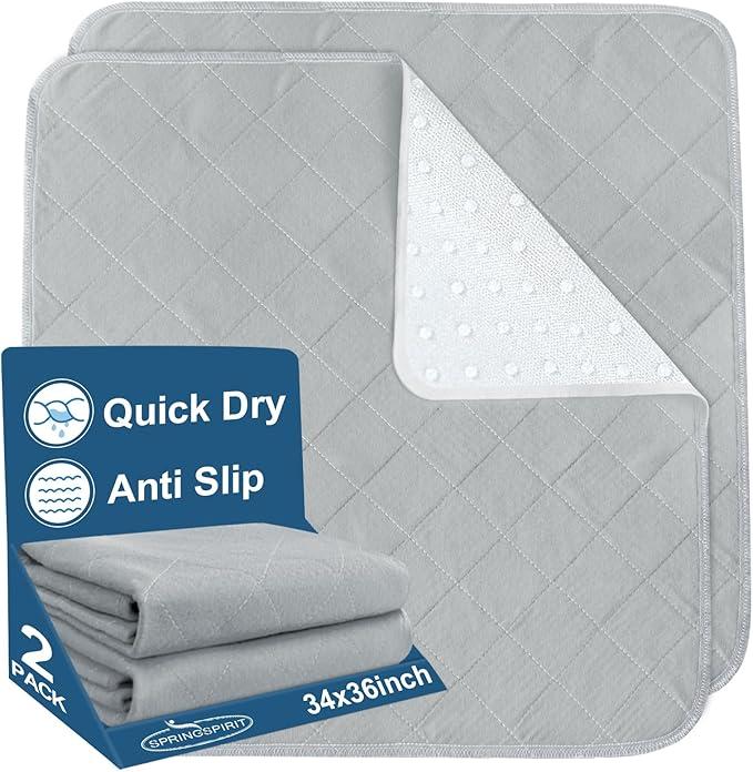 Bed Pads Washable Waterproof(2 Pack, 34 x 36), Washable and Reusable Incontinence Chuck Pads Anti Slip Pee Pads Underpad Sheet Protector for Adults, Elderly, Kids, Toddler and Pets, Grey