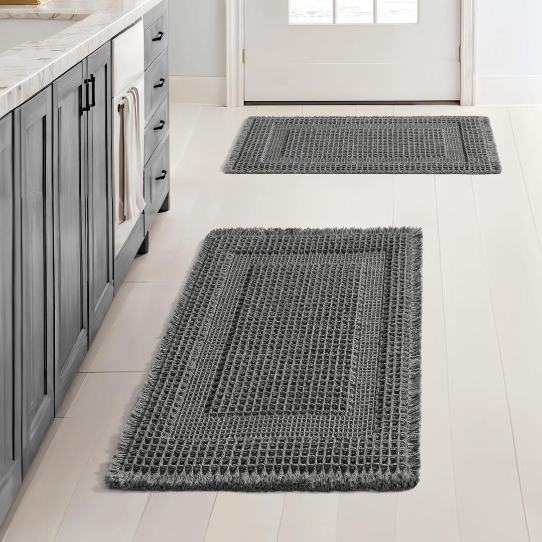 MIULEE Set of 2 Waffle Bathroom Rugs, Boho Bath Rug Super Absorbent, Non Slip Washable Ultra Soft Rubber Backed Shower Bath Mats for Floor, Tub, Shower, Looped Design, Dark Grey, 17x24 Inch