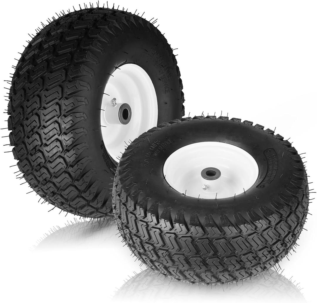 15x6.00-6 Lawn Mower Tires with Rim, Natural Rubber Turf Tire for John Deere 100 300 Series Riding Mowers | 4 Ply Tubeless | 3" Offset | Bore ID 3/4" | 570 Pounds Capacity 2PCS