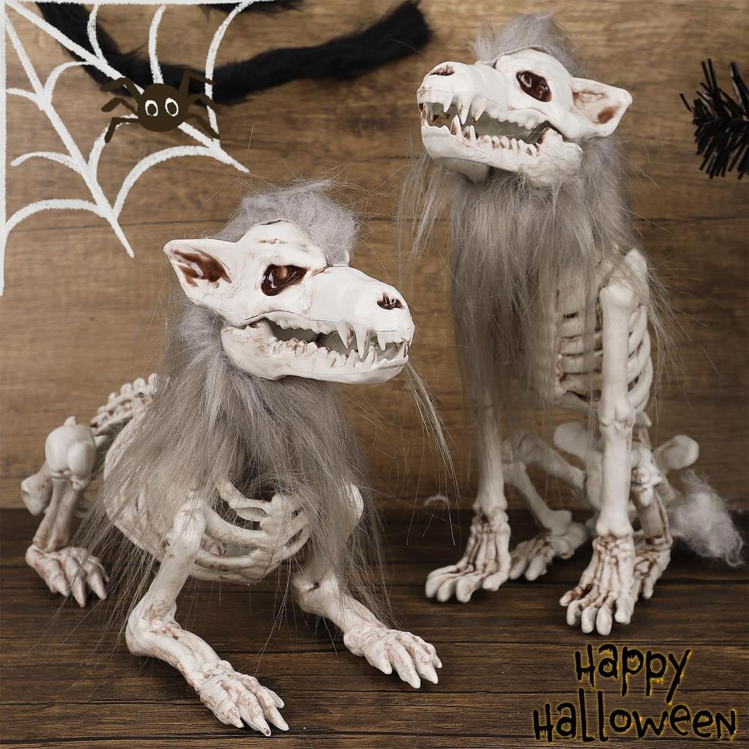 yosager 2 Pack Halloween Skeleton Wolf Decorations, Pose-N-Stay Sitting Hyena Skeleton with Grey Mane, Mini Plastic Wolves Bones Full Body Realistic, Scary Prop Haunted House Graveyard Decor