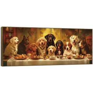 TLESKE Funny Dogs the Last Supper Large Wall Art Decor Framed for Kitchen Dining Room 15x40, Christian Dog Dinner Canvas Wall Art Print for Bedroom Living Room, Dog Lovers Wall Artwork Picture