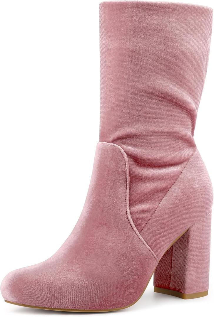 Allegra K Women's Velvet Round Toe Block Heels Foldable Mid Calf Boots (8)
