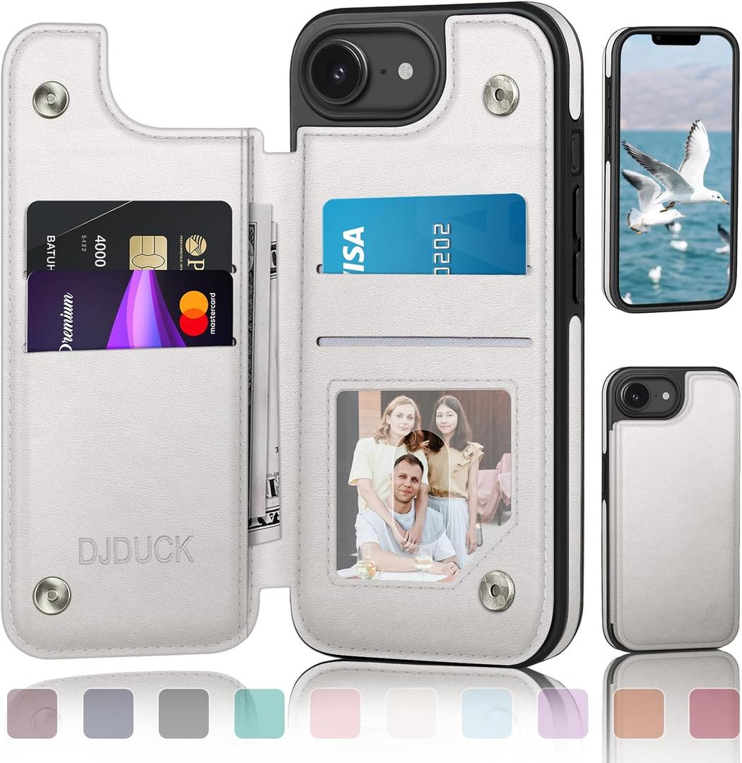 DJDUCK Designed for iPhone 16e 6.1"/iPhone 17e 6.1" Case Wallet with Card Holder, [Magnetic Clasp Cover] [RFID Blocking Leather Protection] Shockproof Women Men Cases 6.1 Inch for Apple 16e White