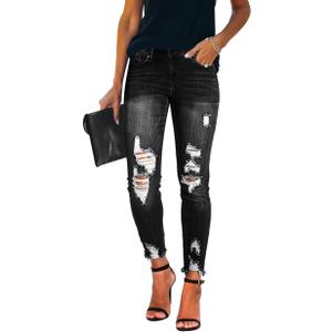 KUNMI Women's Ripped Skinny Jeans Distressed Stretchy Denim Pants (Black, M)
