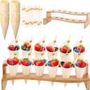 Queekay Food Cones 100 Pcs Disposable Paper Cone for Food with 12 Holes Wood Ice Cream Cone Holder Stand Charcuterie Cones Holder 100 Fancy Toothpicks for Catered Events Buffets Parties(Curved)