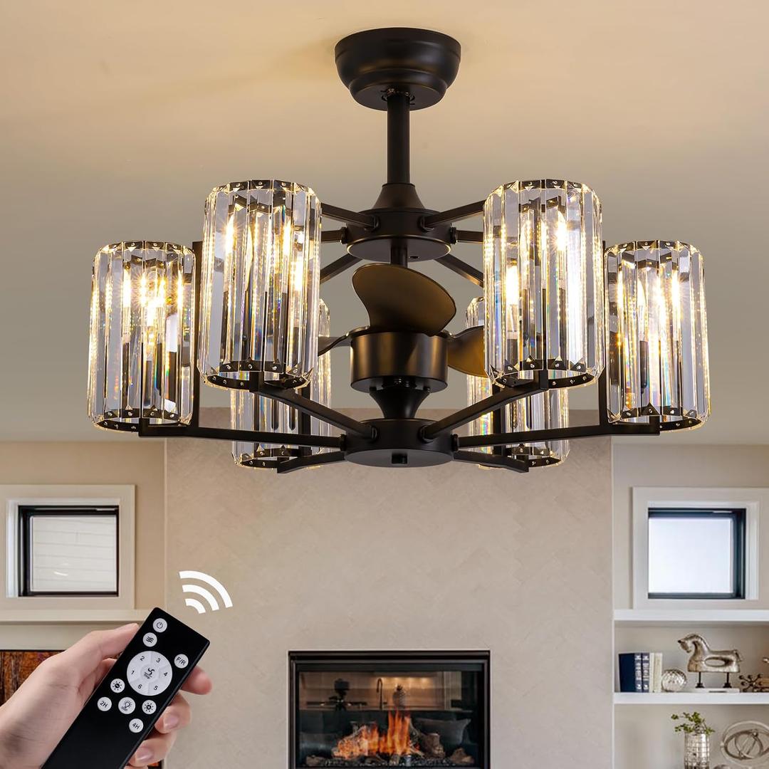 MOOONICHECHE 27" Crystal Ceiling Fan with Light and Remote Control 6-Light Black Vintage Crystal Caged Fandelier Luxury Large Chandelier Ceiling Fan for Dining Living Room Kitchen Bedroom