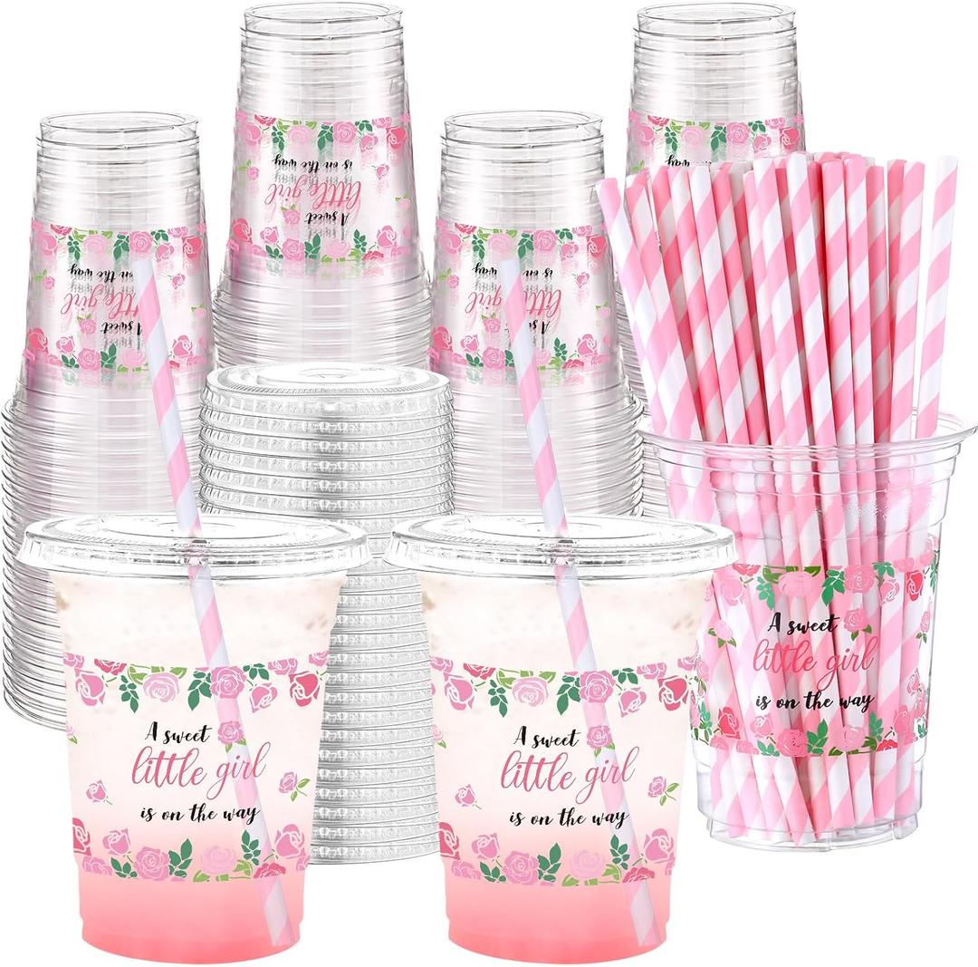 Funnymoom 50 Sets Baby Shower Plastic Cups a Sweet Little Girl Is on the Way 16 oz Floral Disposable Drinking Cups with Lids Straws for Girl Gender Reveal Birthday Party Decorations Supplies
