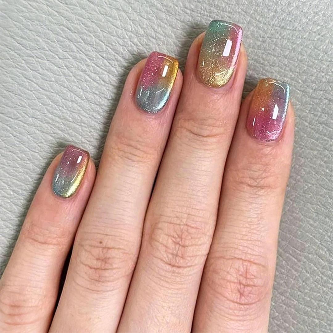 Cat Eye Press on Nails Medium Square Fake Nails with Colorful Gradient Designs Cute Nails Press ons Glossy Pink Acrylic Green False Yellow Stick on Nails for Women 24Pcs