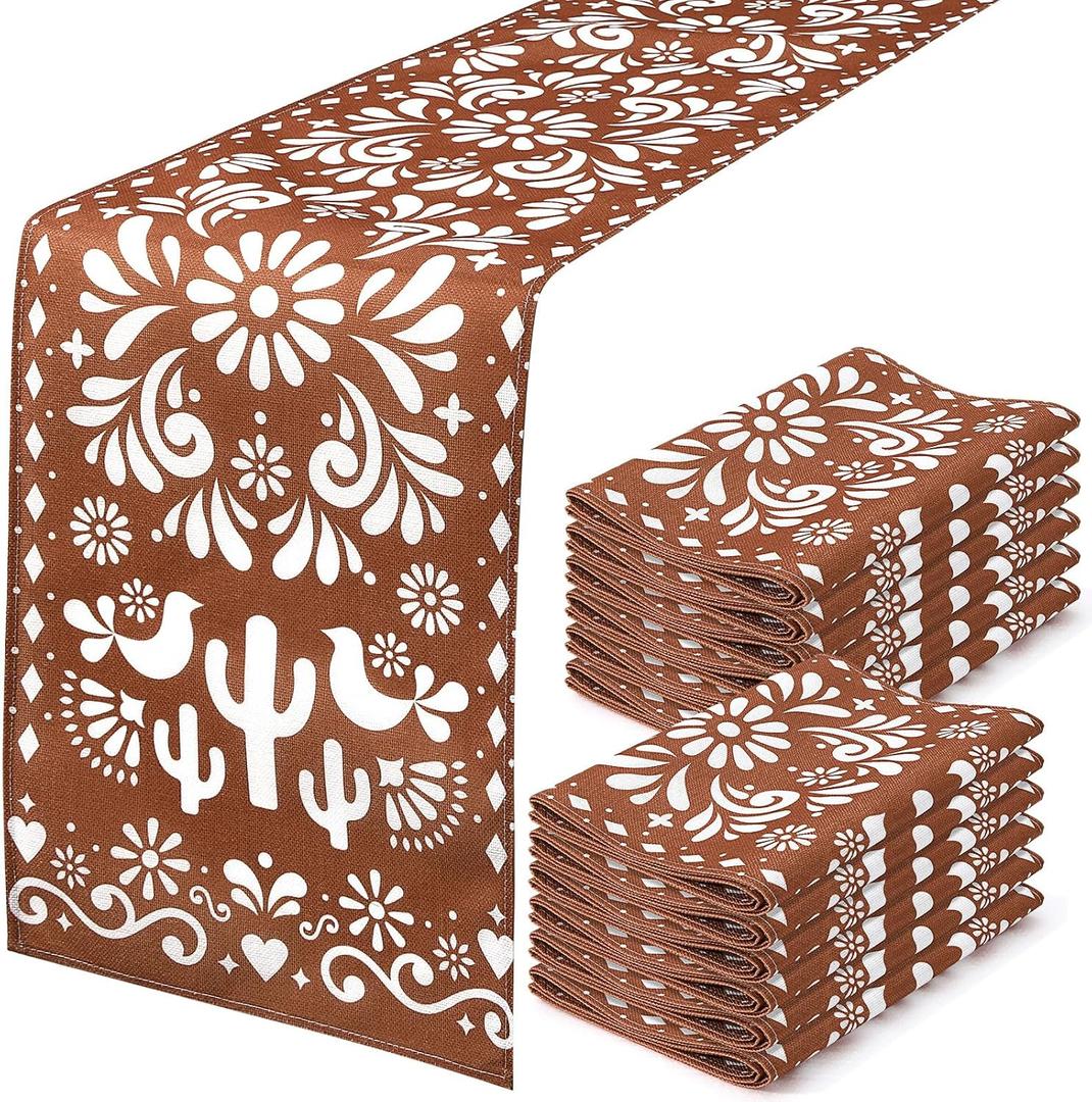 Hahafelt 12 Pcs Mexican Talavera Cielito Lindo Table Runner 71 x 13'' Linen Baby Shower Home Decor Traditional Cinco De Mayo Dia De Los Muertos Day of The Dead Fiesta Party Decoration Supplies (Brown)