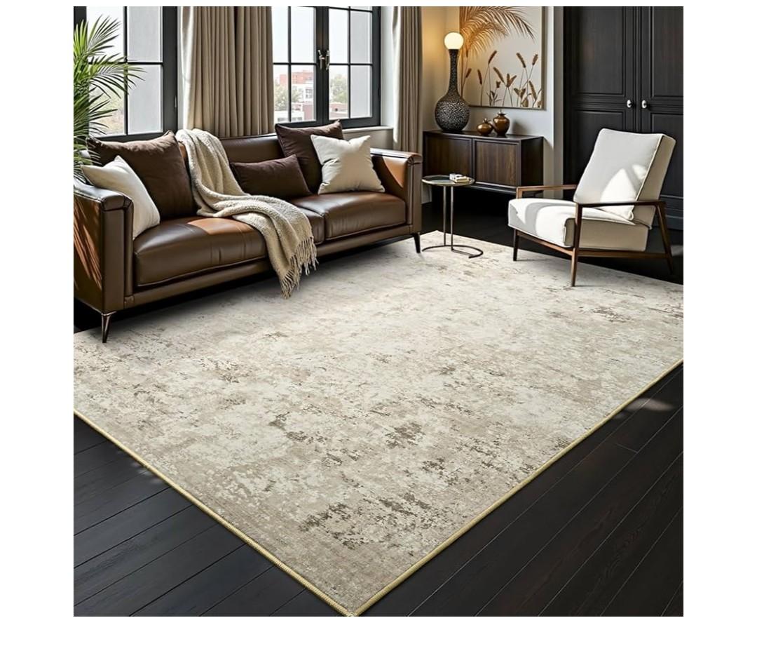 Toneed Abstract Area Rug Modern Washable Rug Soft Non Slip Rug Low Pile for Bedroom Living Room Dining Room Beige 6x9 Feet