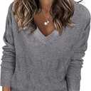 Bluetime Women's Fall Long Sleeve V Neck Ribbed Knit Sweaters Loose Fit Casual Soft Pullover Sweater Jumper Tops  (X-Large, Gray)