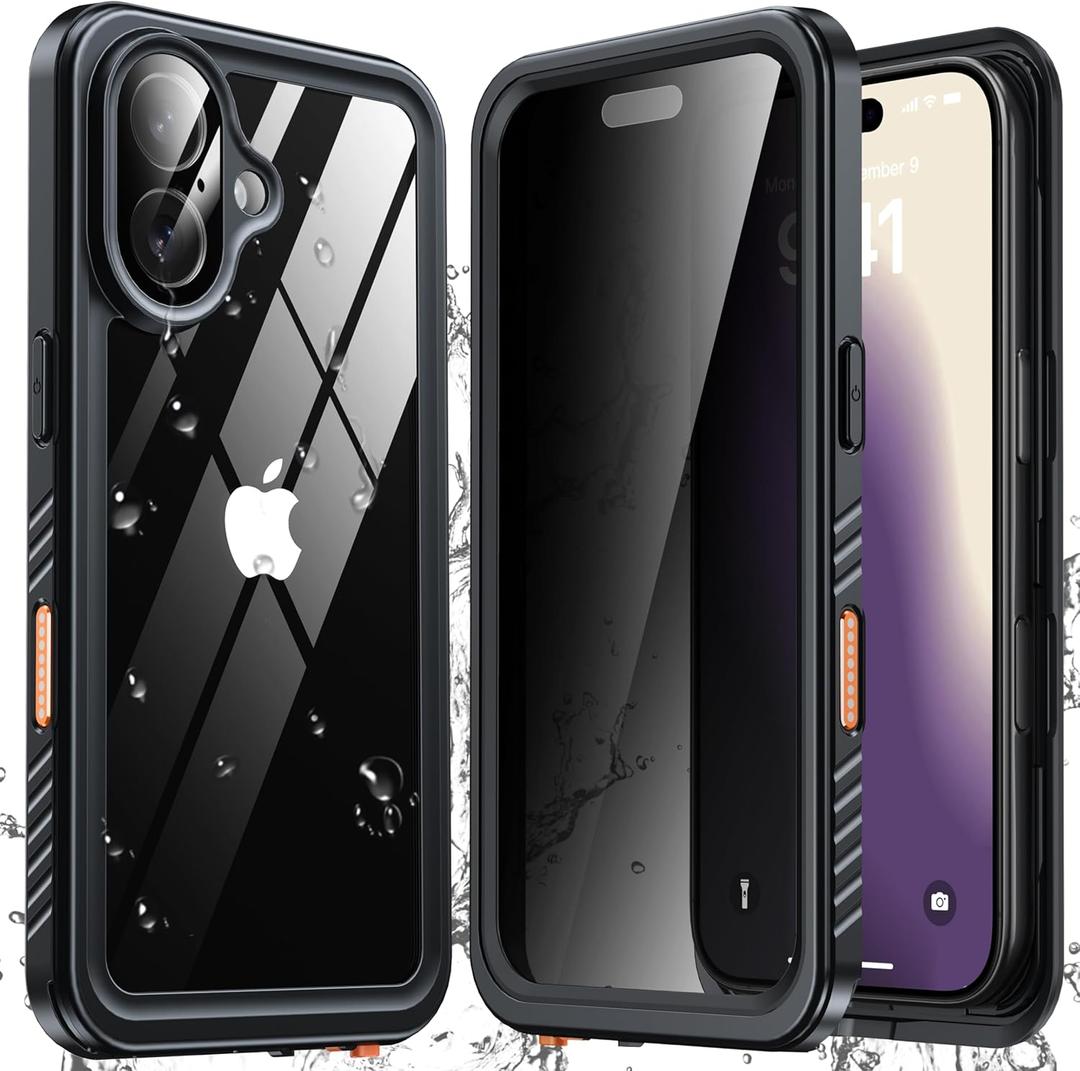 ANTSHARE for iPhone 16 Case Waterproof, [Anti Spy] Privacy Screen Protector for iPhone 16, [IP68 Under Water] Heavy Duty Full-Body Shockproof Phone Case, Black