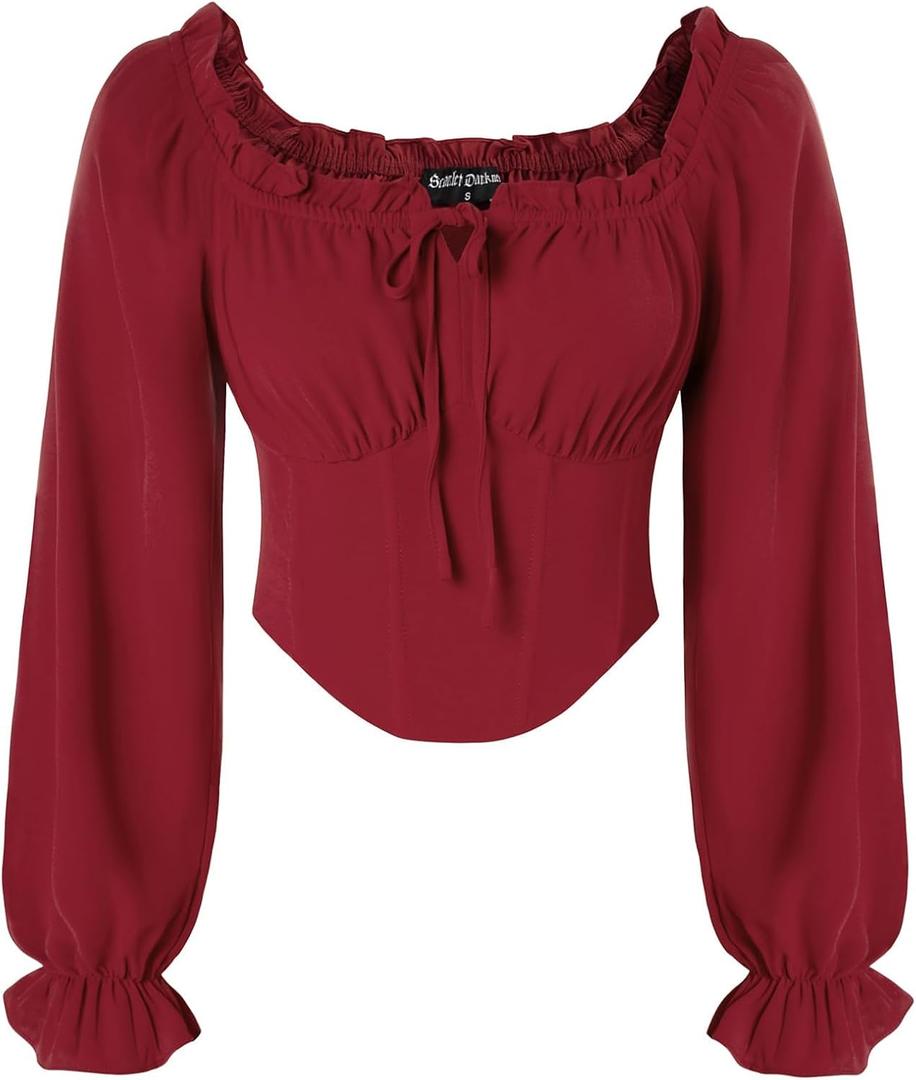 Scarlet Darkness Vintage Corset Tops for Women Renaissance Blouse Off Shoulder Long Sleeve Top (XL, Red)