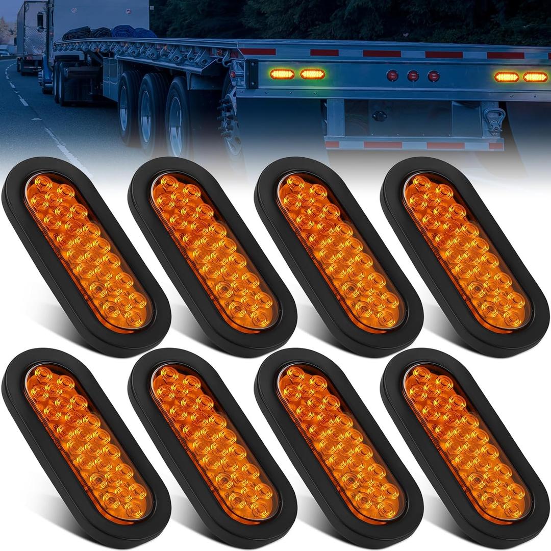 Sumind 8 Pcs 6" Oval LED Trailer Tail Lights, 24 LED Trailer Marker Lights 12v Brake Stop Ip67 Waterproof Sealed Flush Mount for Truck Rv Boat (Amber)