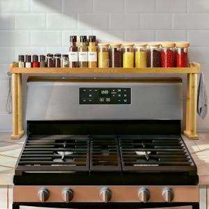 MAVOTER Over The Stove Top Shelf for Kitchen Bamboo Spice Rack Organizer for Back of Stove with Protective Lips & 6 Hooks,Easy Installation 33.5 * 4.5 * 13.4