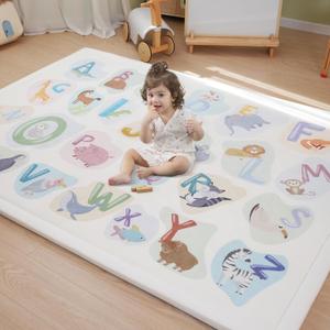 1.3" Thick Educational Baby Floor Play Mat 79x158, Basic Padded Memory Foam Kids Mat, Extra Large Non-Slip Plush Playmat for Nursery Playroom Classroom (ABC Animal)