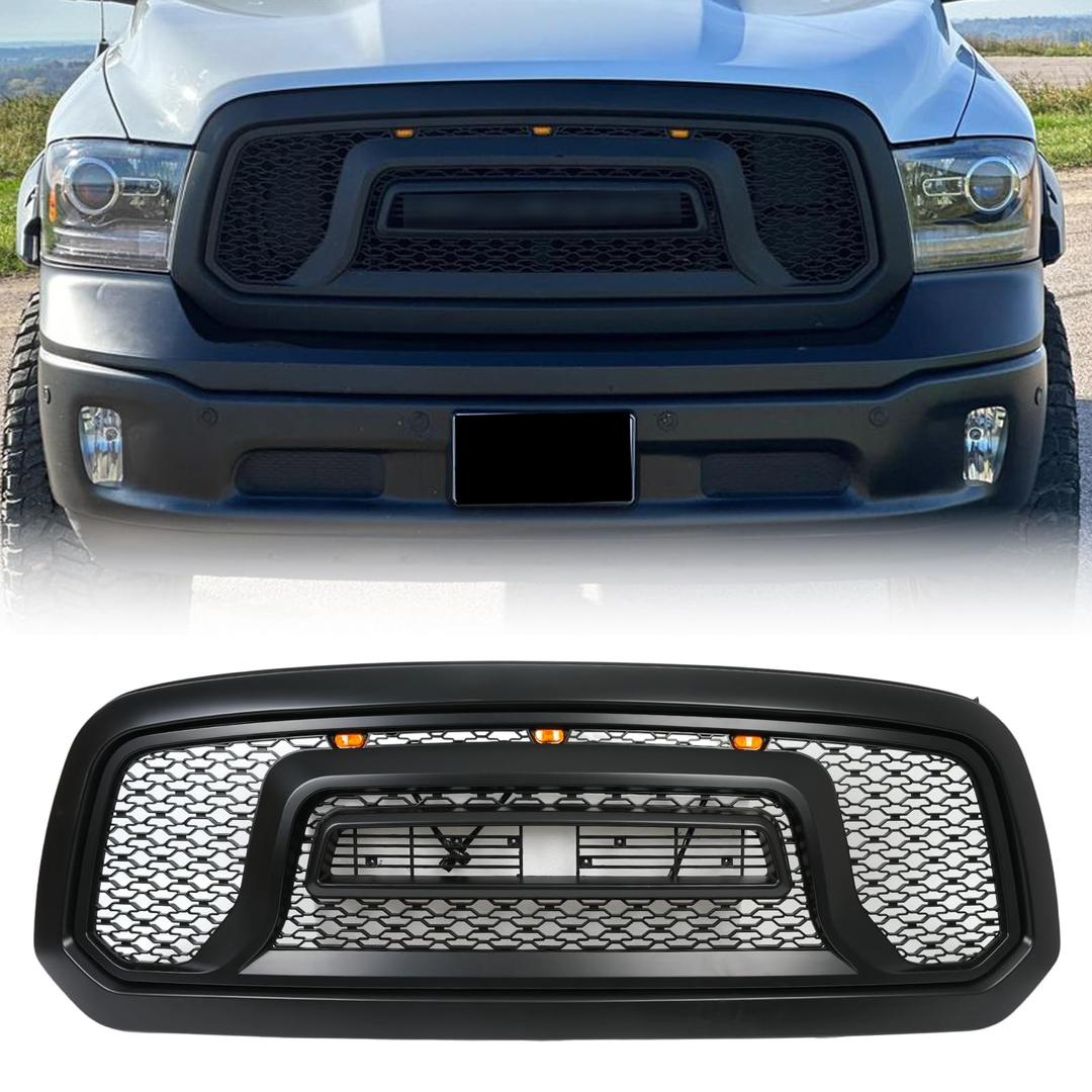 BDBO Front Grill Compatible With Dodge Ram 1500 2013-2018, Matte Black | Compaitble with 2019-2023 Ram 1500 Classic, Front Bumper Grille, With Accessories / Letters