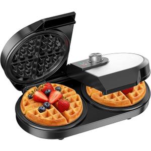 Double Waffle Maker, 6.5" Belgian Waffle Maker with 2 Independent Adjustable Temp Knobs, 1200W Waffle Iron with Nonstick Plates for Breakfast and Snacks, Easy to Clean, Stainless Steel, Black