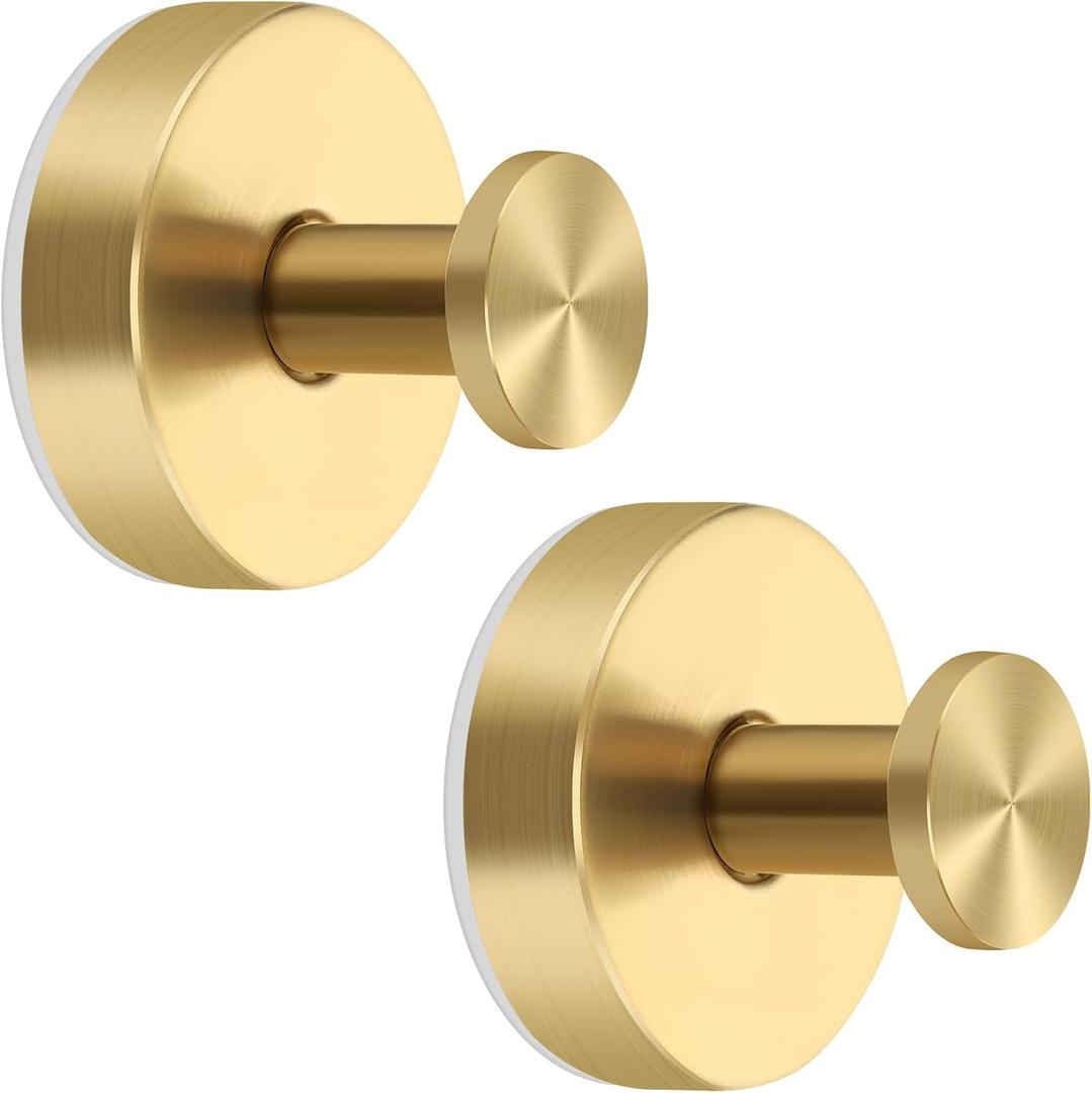 Gold Suction Cup Hooks for Shower Stainless Steel, Gold Suction Hooks for Shower Wall Hangs 11lbs, Bathroom, Kitchen, Glass Door, Mirror, Tile, Loofah, Towel, Coat, Bath Robe, Brushed Gold 2 Pack