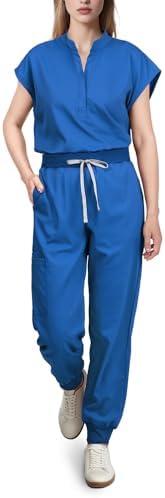 Eadflie Scrubs for Women Set - with Sleeveless Stand-Up Collar Scrub Top & Jogger Scrub Pants, 8-Pocket Design, XL, Blue