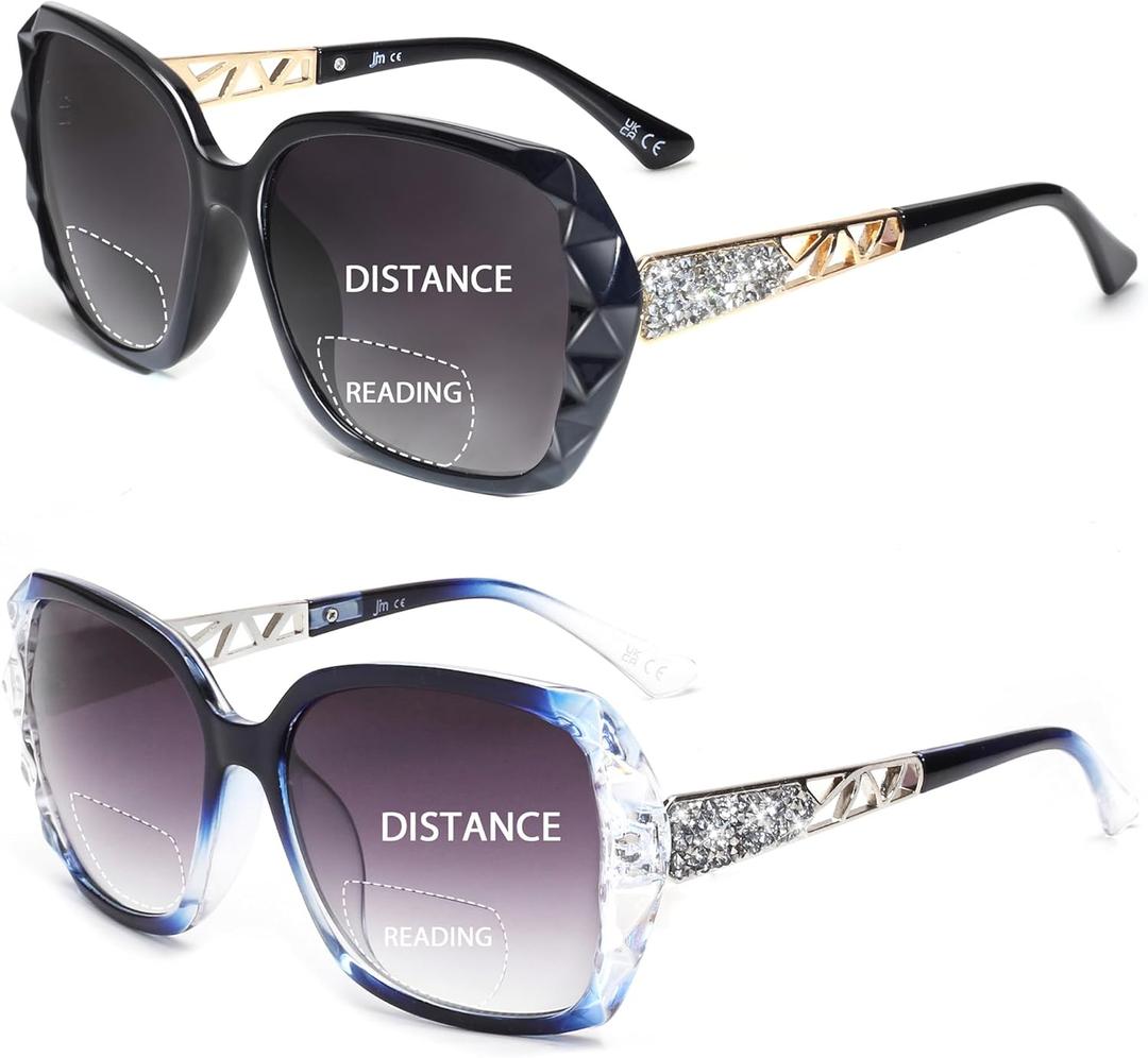 JM 2 Pack Bifocal Reading Sunglasses for Women Fashion Oversized Square Sun Readers Outdoor Reading Glasses UV400 Protection, Black & Clear Blue +2.25