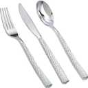 Supernal 180Pcs Silver Plastic Silverware Set, Elegant Hammered Design Heavy Duty Disposable Cutlery, Includes 60 Forks, 60 Knives, 60 Spoons,Silver Plastic Utensils for Wedding, Parties,Events