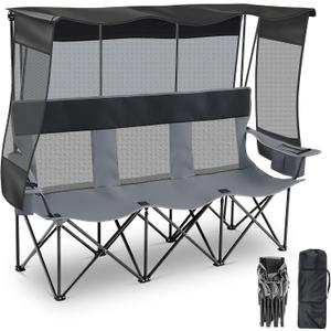 Teenyyou 3 Person Camping Chair with Canopy Shade - Oversized Beach Chair with UV Sun Protection, Heavy-Duty 770 Lbs Folding Loveseat with 2 Cup Holders & Carry Bag for Outdoor Lawn Beach(Black Gray)