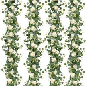 TOCHGREEN 4Pcs(26 Ft) Artificial Eucalyptus & White Rose Flower Garland, Faux Rose Vine & Gypsophila Greenery for Party & Wedding Decor (White, 4PCS)