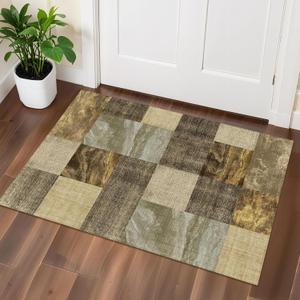 23 Washable Entryway Area Rugs,Modern Non-Slip Checkered Abstract Throw Rugs,High Traffic Small Carpet for Bathroom,Doormat,Kitchen,Brown and Lt.Yellow