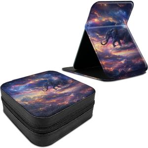 Travel Jewelry Box Plus Mini Folding Mirror, PU Leather Women Jewelry Storage Case Small Portable Jewellery Organizer Holder for Rings Earrings Necklaces Bracelets, Elephant Galaxy