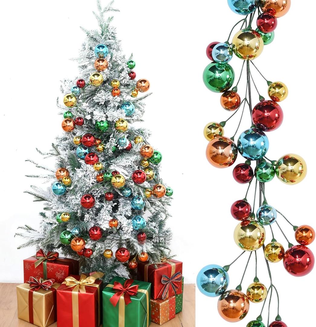 Multicolored Christmas Ball Garland Dailyart 4ft 48pcs Colorful Hanging Balls Ornaments Decorations Plastic Shatterproof Ball Garlands for Christmas Tree Centerpiece Wreath Mantel Decor