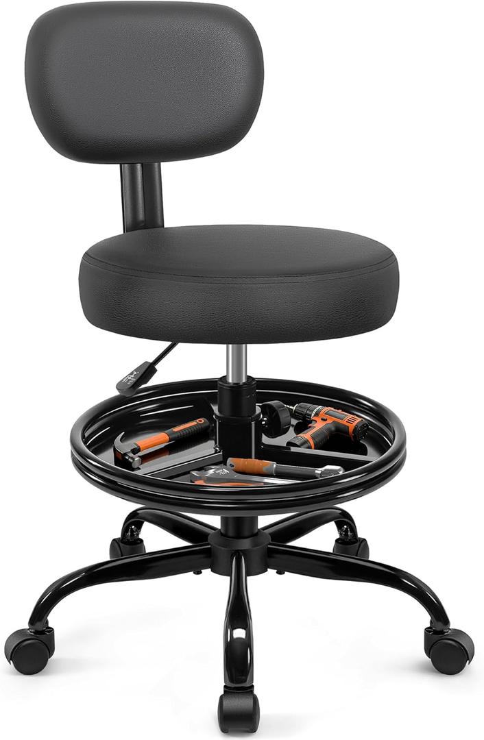 Shop Stool with Wheels for Garage, Mechanics Rolling Chair with Backrest, Adjustable Height Heavy Duty Garage Stool with Footrest and Storage Tray, Swivel Task Chair for Workshop Kitchen Salon (Matte Black)