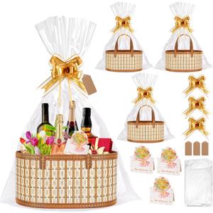 Dreamtop 3 Set Baskets for Gifts Empty, Woven Bamboo Gift Basket Empty Large with Handles, Sturdy Gift Basket Kit Empty to Fill for Christmas Birthday Baby Shower Wedding Gift (Yellow)