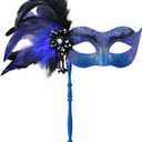 2025 New Masquerade Mask for Women with Stick - Shiny Women's Feather Mardi Gras Venetian Mask for Costume Accessory