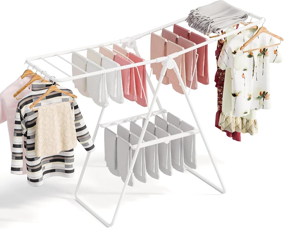 Foldable Clothes Drying Rack, Portable Drying Rack for Clothes, Laundry Racks for Drying Clothes, Space Saving Indoor Outdoor Collapsible Drying Rack for Patio, Balcony, Bedroom, White