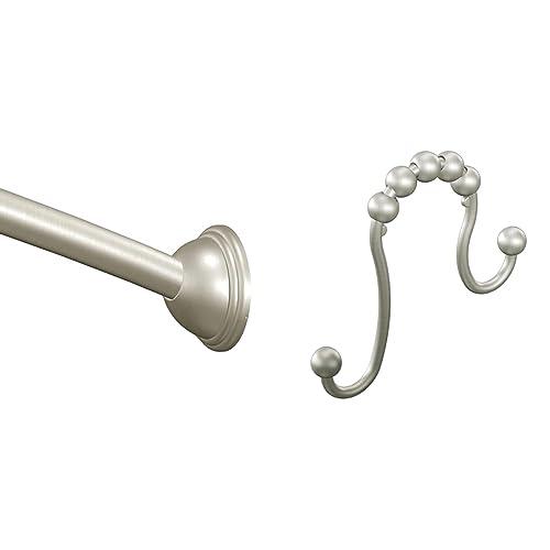Moen Brushed Nickel 5-Foot Curved Fixed Mount Shower Curtain Rod with Pivoting Flanges, CSR2165BN and Moen SR2201BN Shower Curtain Rings (Pack of 12)