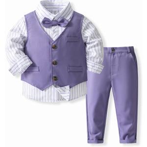 Boys 3Pcs Clothing Sets Long Sleeve Bowtie Shirts +Vest +Pants Casual Suit, 2T