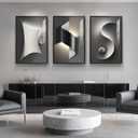 Framed Modern Black and White Abstract Wall Art for Living Room, Large 3 Piece Bright Style Silvery Artwork for Walls, Luxury Painting Prints for Dining Room Hallway Office Wall Decor, 24x36 In, 36" H x 24" W x 3Pcs