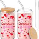 2 Pcs Galentines Gang Glass Cup 16 oz Galentines Day Gifts Tumblers with Lids and Straws Hearts Glass Coffee Tea Cup Valentines Day Party Supplies, Women Ladies Decoration