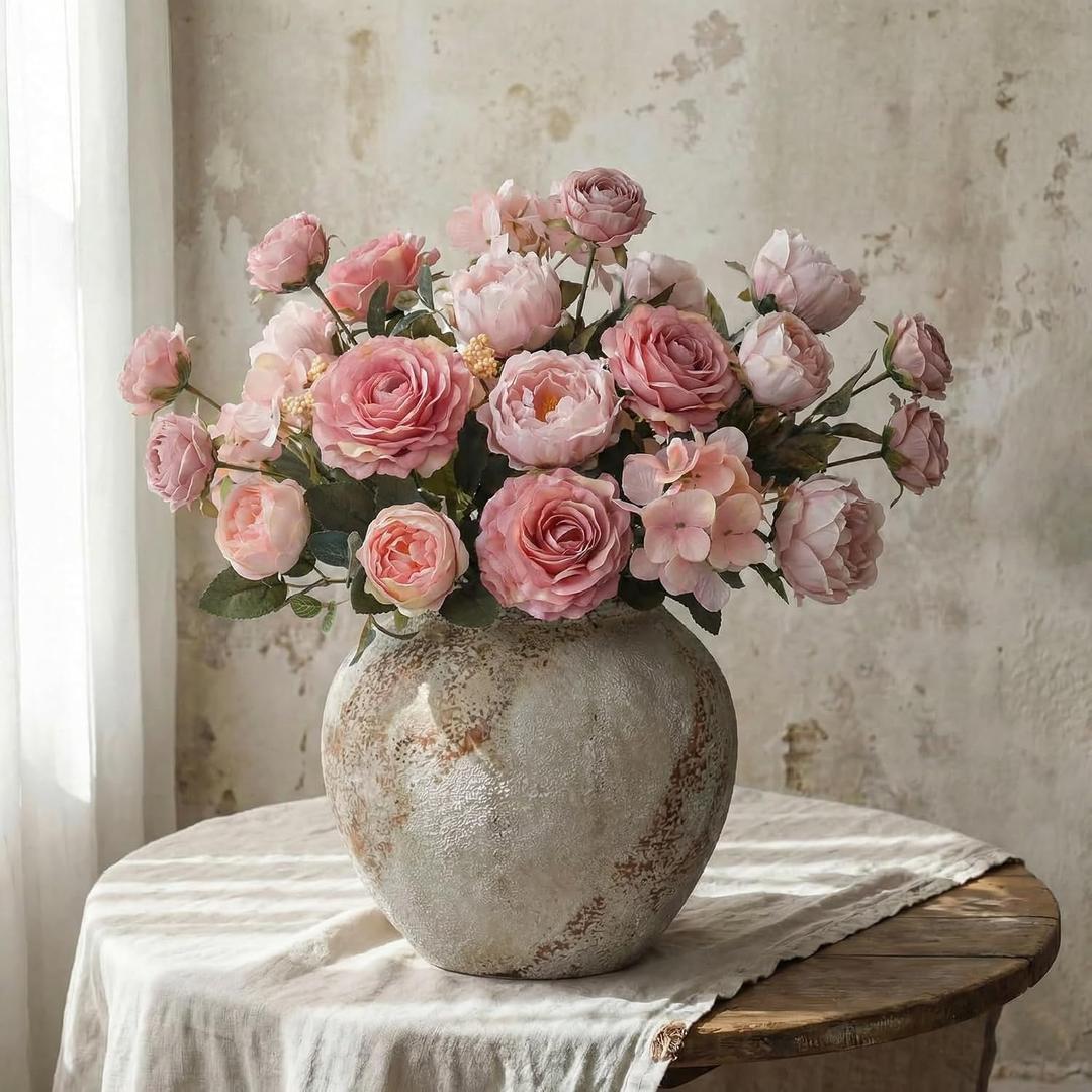 12 Bundles Peony Artificial Flowers, Peonies Artificial Flowers with Peonies Fake Peony Flower Bouquets for Home Decor, Wedding, Table Centerpieces (Pink, Peonies and Roses)