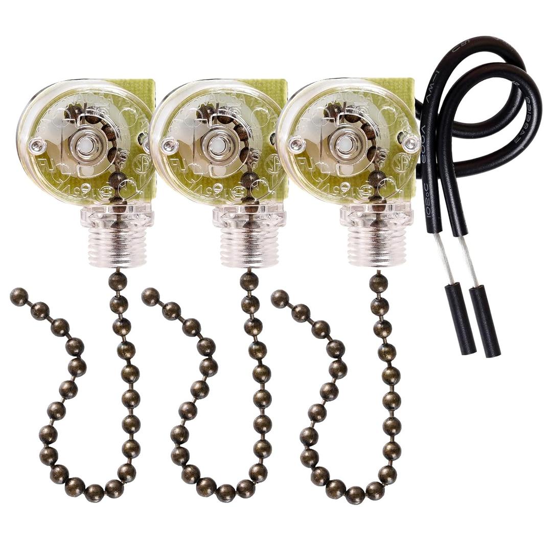 Topbuti 3 Pack Ceiling Fan Pull Chain Switch Zing Ear ZE-109 Two-Wire Light Switch Control Replacement for Ceiling Fan, Wall Lamps, Cabinet Light