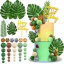 38pcs Jungle Safari Animal Cake Topper with Palm Leaves and Brown Green Khaki Decorative Balls for Jungle Safari Wild Themed Birthday Cake Decoration