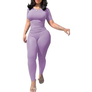 PINSV 2 Piece Sets for Women Summer Casual Jogger Workout Outfits Fitted Crew Neck T-shirt High Waist Legging Sets, M