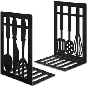 Book Ends, Metal Bookend, Bookend Decorative Heavy Book Ends for Shelves, Home Decorative Bookends for Heavy Books, Non-Skid Black Book Holder for Kitchen Housewarming Cooking Lover Gifts