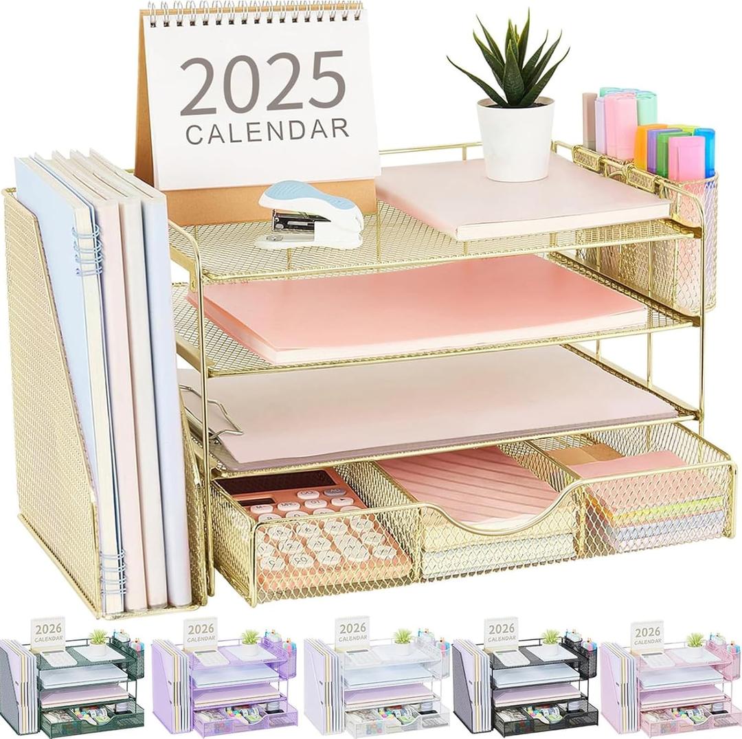Desk Organizers and Accessories with File Holder, 4-Tier Desk Accessories & Workspace Organizers with Drawer and 2 Pen Holder, Paper Organizer for Office Supplies(Gold)