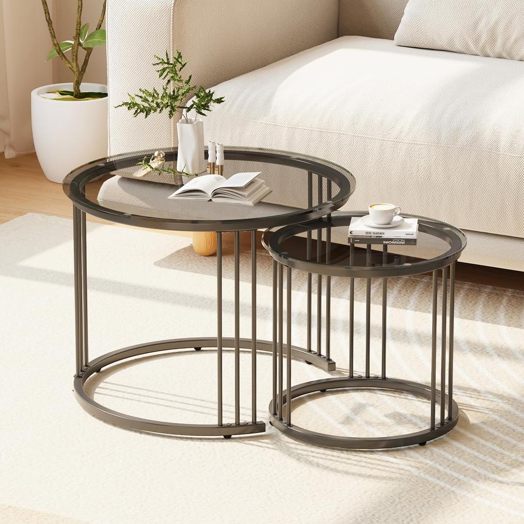 Garden 4 you Nesting Coffee Table, 23.6" Round Coffee Table Set of 2, Glass Nesting Table with Metal Frame, Ceter Tables for Living Room Bedroom Balcony, Grey, 23.6 inches x 23.6 inches x 19.7 inches