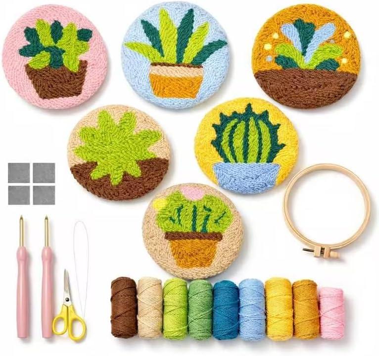 Punch Needle Coaster Kit for Adults Beginners, Easy Punch Embroidery Starter Set with Instructions  Fun Mug Rug Making Kit for Table Decor & Festival DIY Gifts (6pcs Succulent Plants)