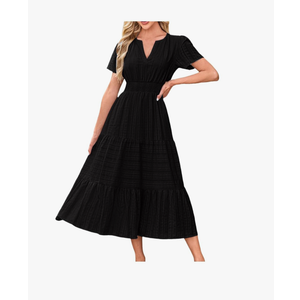 Women's Summer 2025 Casual Midi Maxi Dresses Lightweight Short Sleeve V Neck Elastic Waist Boho Beach Dress Pockets Size XXL