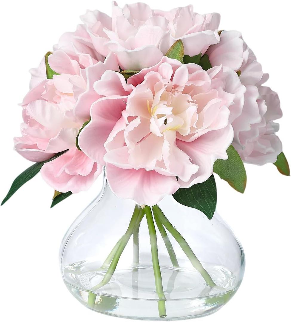 Pink Peony Bouquet in Glass Vase - 6 Piece Artificial Flower Arrangement with Faux Water for Wedding & Home Centerpieces